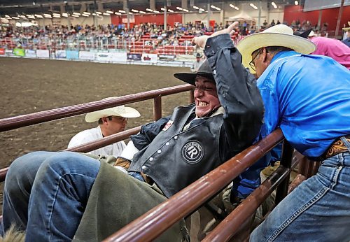 18082023
Cassien Haudegand grits his teeth just before the chute opens for his ride in the Saddle Bronc event at the Friday night go round of the Virden Indoor Rodeo at Tundra Oil &amp; Gas Place. (Tim Smith/The Brandon Sun)