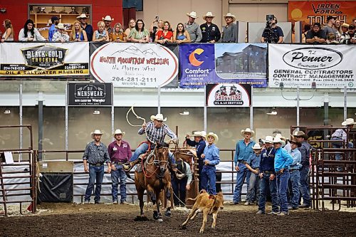 18082023
A cowboy chases a calf in the tie down roping event at the Friday night go round of the Virden Indoor Rodeo at Tundra Oil &amp; Gas Place. (Tim Smith/The Brandon Sun)