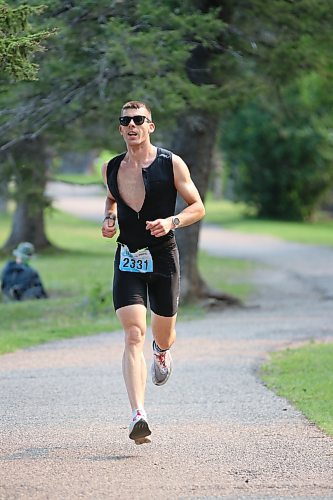 Andrew Martin of Winnipeg (2331) comes in strongly near the finish line as he took the overall Olympic distance title at the Riding Mountain Triathlon in Wasagaming on Saturday morning. (Perry Bergson/The Brandon Sun)
Aug. 19, 2023