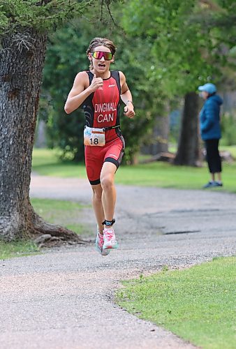 Sprint distance winner Turk Dingwall (18) finishes up his race during the Riding Mountain Triathlon in Wasagaming on Saturday morning. (Perry Bergson/The Brandon Sun)
Aug. 19, 2023