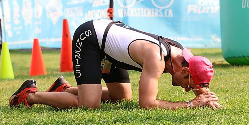 Ben Wiebe (85) rests near the finish line after completing the Riding Mountain Triathlon in Wasagaming on Saturday morning. (Perry Bergson/The Brandon Sun)
Aug. 19, 2023