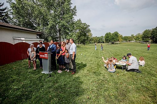 JOHN WOODS / WINNIPEG FREE PRESS
NDP leader Wab Kinew speaks about child care at a press conference at Paufeld Park in Winnipeg, Sunday, August  20, 2023. 

Reporter: