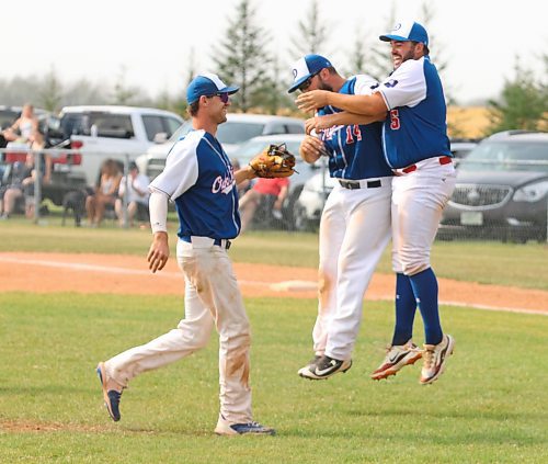 Oak River Dodgers pickups Mitch Olson and Zane Sawyer celebrate their 7-2 victory over Border in the final of the Western Canadian senior AA championship on Sunday afternoon in Oak River as Duncan Paddock looks on and laughs. (Perry Bergson/the Brandon Sun)
Aug. 20, 2023