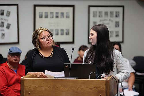 Lorraine Messing (left) and Chantal Klainchar (right) of Aurora Reunification Centre speak in favour of their facility's variance appeal during a public hearing before Brandon City Council on Monday. Councillors voted to defer their decision to the first meeting in October and hold a second hearing then. (Colin Slark/The Brandon Sun)