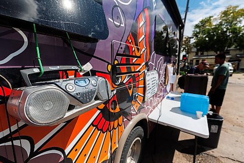 MIKE DEAL / WINNIPEG FREE PRESS
A radio blares music at the Sunshine House RV or MOPS (Mobile Overdose Prevention Site) at the location in the parking lot of 631 Main Street.
See Malak Abas and Katrina Clarke story
230816 - Wednesday, August 16, 2023.