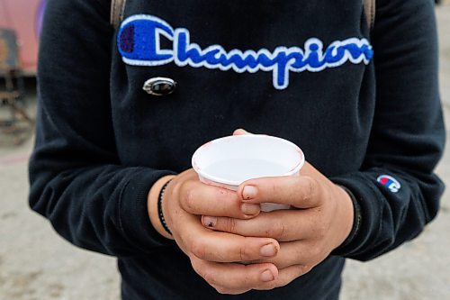 MIKE DEAL / WINNIPEG FREE PRESS
A participant with a cup of water at Sunshine House RV or MOPS (Mobile Overdose Prevention Site) in the parking lot of 631 Main Street.
See Malak Abas and Katrina Clarke story
230816 - Wednesday, August 16, 2023.