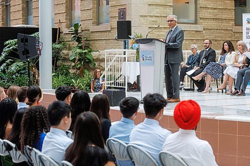 MIKE DEAL / WINNIPEG FREE PRESS
Dr. Michael Benarroch, President and Vice-Chancellor, University of Manitoba, speaks to the assembled crowd during the Inaugural Day Exercises.
Family, friends and medical dignitaries gather in the Brodie Centre Atrium, Bannatyne Campus, 727 McDermot Avenue, for the University of Manitoba&#x2019;s Inaugural Day Exercises of the largest medical class in University of Manitoba history, the Class of 2027. The Max Rady College of Medicine will see 125 incoming medical students this coming year up from 110 students in recent years. During the event the new students take part in the White Coat Ceremony and recite the Physician&#x2019;s Pledge.
See Tessa Adamski story 
230823 - Wednesday, August 23, 2023.