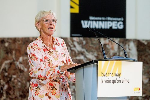 MIKE DEAL / WINNIPEG FREE PRESS
Françoise Bertrand, Chairperson of the Board of Directors, VIA Rail, during a media event at the Winnipeg Union Station announcing multimillion-dollar investments designed to protect and enhance its heritage stations across the country.
See Martin Cash story
230824 - Thursday, August 24, 2023.