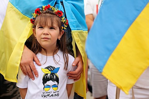 Diana Mykytyn, 5, takes part in a flag raising and Ukrainian Independence Day celebrations at Brandon City Hall on Thursday, one and a half year’s into Russia’s invasion of the country.
(Tim Smith/The Brandon Sun)