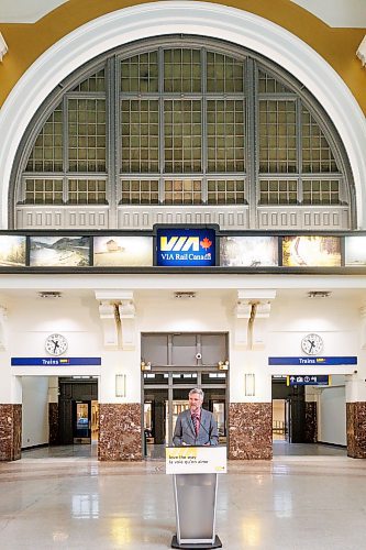 MIKE DEAL / WINNIPEG FREE PRESS
Mario P&#xe9;loquin, President and Chief Executive Officer, VIA Rail, during a media event at the Winnipeg Union Station announcing multimillion-dollar investments designed to protect and enhance its heritage stations across the country.
See Martin Cash story
230824 - Thursday, August 24, 2023.