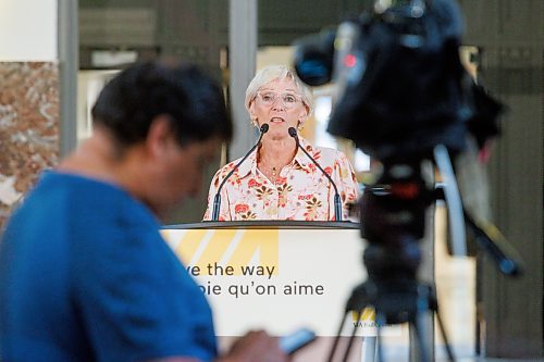 MIKE DEAL / WINNIPEG FREE PRESS
Fran&#xe7;oise Bertrand, Chairperson of the Board of Directors, VIA Rail, during a media event at the Winnipeg Union Station announcing multimillion-dollar investments designed to protect and enhance its heritage stations across the country.
See Martin Cash story
230824 - Thursday, August 24, 2023.