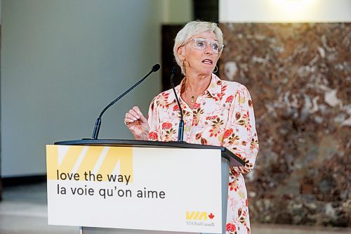 MIKE DEAL / WINNIPEG FREE PRESS
Fran&#xe7;oise Bertrand, Chairperson of the Board of Directors, VIA Rail, during a media event at the Winnipeg Union Station announcing multimillion-dollar investments designed to protect and enhance its heritage stations across the country.
See Martin Cash story
230824 - Thursday, August 24, 2023.