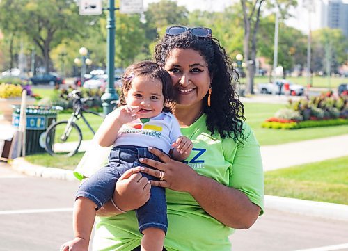 Mike Thiessen / Winnipeg Free Press 
Amita Khandpur, a longtime teacher, with her daughter Arora Khandpur-Harms at the Manitoba Teachers&#x2019; Society rally outside the legislative building. For Maggie Macintosh. 230824 &#x2013; Thursday, August 24, 2023