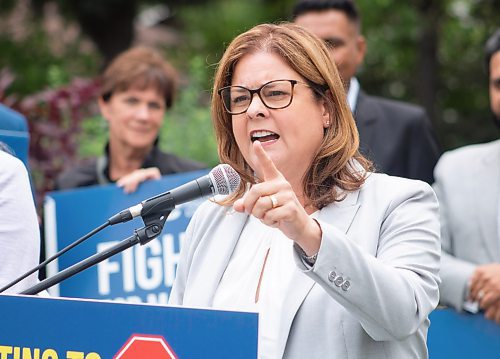 Mike Thiessen / Winnipeg Free Press 
Premier Heather Stefanson revealed plans to abolish the carbon tax for Manitobans in her first campaign announcement at Florence Pierce Park today, backed by her fellow Progressive Conservative MLAs and candidates. For Danielle Da Silva. 230811 &#x2013; Friday, August 11, 2023