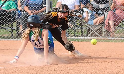 Pitcher Aiden Gonty (22) of the Westman Storm tries to gather in a throw on a wild pitch as Bonivital Bolts baserunner Macyn Comeault (71) slides safely into the plate at Ashley Neufeld Softball Complex on Friday during Softball Manitoba&#x2019;s under-13 AA provincial championship. (Perry Bergson/The Brandon Sun)
Aug. 25, 2023