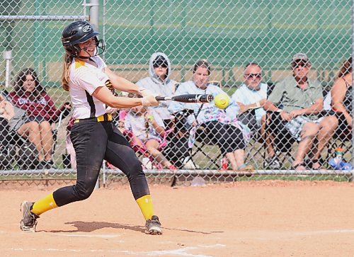 Rylee Maynes (7) of the Westman Fury turns on a pitch during a game against the Manitoba Reapers at Ashley Neufeld Softball Complex on Friday during Softball Manitoba&#x2019;s under-13 AA provincial championship. (Perry Bergson/The Brandon Sun)
Aug. 25, 2023