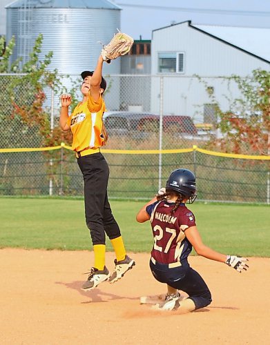 Emily Malcolm of the Manitoba Reapers (27) slides into second for a stolen base as shortstop Zara Pople (34) of the Westman Heat leaps to catch the ball at Ashley Neufeld Softball Complex on Friday during Softball Manitoba&#x2019;s under-13 AA provincial championship. (Perry Bergson/The Brandon Sun)
Aug. 25, 2023
