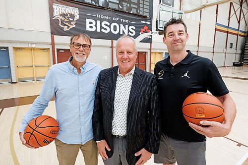 MIKE DEAL / WINNIPEG FREE PRESS
University of Manitoba Mens Basketball Head coach Kirby Schepp (right) and alumni Allan Edie (centre) and Greg Daniels (left) in the Investors Group Athletic Centre Friday. They are the major players in the U of M plan to raise $1 million for the men&#x2019;s basketball endowment fund.
See Mike Sawatzky story
230825 - Friday, August 25, 2023.