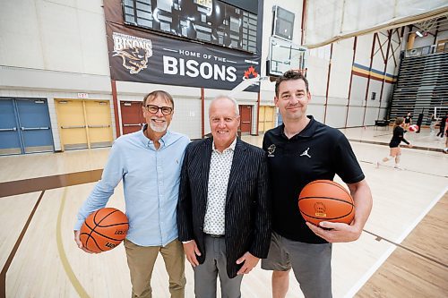 MIKE DEAL / WINNIPEG FREE PRESS
University of Manitoba Mens Basketball Head coach Kirby Schepp (right) and alumni Allan Edie (centre) and Greg Daniels (left) in the Investors Group Athletic Centre Friday. They are the major players in the U of M plan to raise $1 million for the men&#x2019;s basketball endowment fund.
See Mike Sawatzky story
230825 - Friday, August 25, 2023.