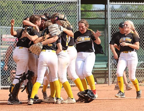 The Westman Storm celebrate after beating Central Charge 9-7 in the final of Softball Manitoba’s under-15 AA girls provincial championship at Brandon’s Ashley Neufeld Softball Complex on Sunday afternoon. (Perry Bergson/The Brandon Sun)
Aug. 27, 2023