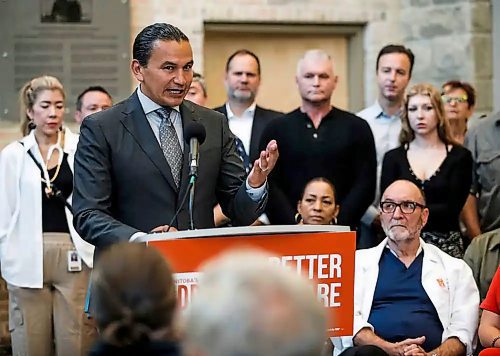 NDP leader Wab Kinew announced a $500-million, multi-pronged proposal to address the health care staffing crisis on Sunday afternoon. (John Woods/Winnipeg Free Press)