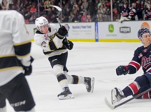 Brandon Wheat Kings co-captain Nate Danielson, shown breaking his stick as he fires a one-timer past Connor Bedard of the Regina Pats last season, is the unquestioned leader of the team. The only hitch would be if the Detroit Red Wings elect to keep him. (Thomas Friesen/The Brandon Sun)