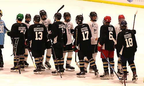 Brandon Wheat Kings prospects shake hands as rookie camp ended in 2022. There won't be a dedicated rookie camp this year, with the team instead going immediately into main camp. (Perry Bergson/The Brandon Sun)
