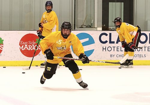 Easton Odut of Dauphin skates in a drill during Brandon Wheat Kings prospects camp at J&G Homes Arena in May 2022. He has his first chance to crack the club starting today. (Perry Bergson/The Brandon Sun)