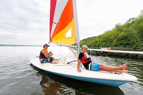 MIKE DEAL / WINNIPEG FREE PRESS
Ben&#xa0;Schwartz (left), 13, and Jace&#xa0;Garabed (right), 10, get ready to sail during their learn to sail class at the Pelican Yacht Club on Pelican Lake in the town of Ninette, MB.
See Ben Waldman story
230815 - Tuesday, August 15, 2023.