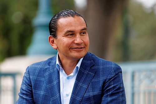 MIKE DEAL / WINNIPEG FREE PRESS
Leader of the Manitoba NDP, Wab Kinew, sits down with reporter Danielle DaSilva for an interview on the south grounds of the Manitoba Legislative building Tuesday morning.
230829 - Tuesday, August 29, 2023.