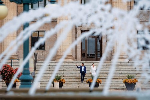 MIKE DEAL / WINNIPEG FREE PRESS
Leader of the Manitoba NDP, Wab Kinew, sits down with reporter Danielle DaSilva for an interview on the south grounds of the Manitoba Legislative building Tuesday morning.
230829 - Tuesday, August 29, 2023.