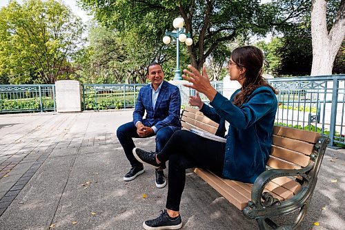 MIKE DEAL / WINNIPEG FREE PRESS
Leader of the Manitoba NDP, Wab Kinew, sits down with reporter Danielle DaSilva for an interview on the south grounds of the Manitoba Legislative building Tuesday morning.
230829 - Tuesday, August 29, 2023.