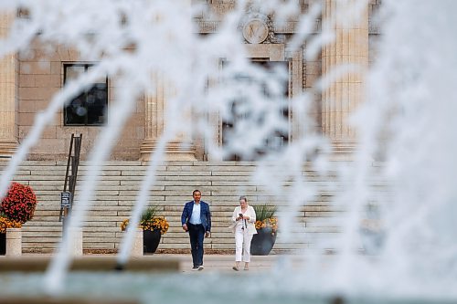 MIKE DEAL / WINNIPEG FREE PRESS
Leader of the Manitoba NDP, Wab Kinew, sits down with reporter Danielle DaSilva for an interview on the south grounds of the Manitoba Legislative building Tuesday morning.
230829 - Tuesday, August 29, 2023.