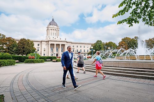 MIKE DEAL / WINNIPEG FREE PRESS
Leader of the Manitoba NDP, Wab Kinew, sits down with reporter Danielle DaSilva for an interview on the south grounds of the Manitoba Legislative building Tuesday morning.
230829 - Tuesday, August 29, 2023.