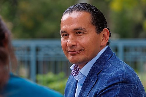 MIKE DEAL / WINNIPEG FREE PRESS
Leader of the Manitoba NDP, Wab Kinew, sits down with reporter Danielle DaSilva for an interview on the south grounds of the Manitoba Legislative building Tuesday morning.
230829 - Tuesday, August 29, 2023.