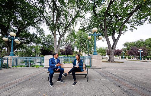 MIKE DEAL / WINNIPEG FREE PRESS
Leader of the Manitoba NDP, Wab Kinew, sits down with reporter Danielle DaSilva for an interview on the south grounds of the Manitoba Legislative building Tuesday morning.
230829 - Tuesday, August 29, 2023.