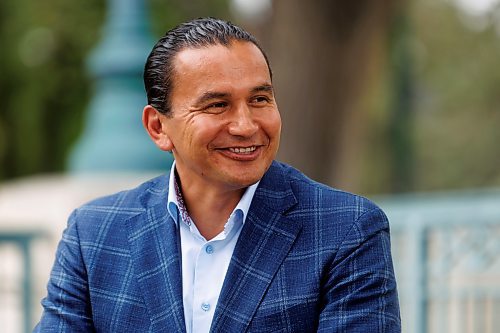 MIKE DEAL / WINNIPEG FREE PRESS
Leader of the Manitoba NDP, Wab Kinew, sits down with reporter Danielle DaSilva for an interview on the south grounds of the Manitoba Legislative building Tuesday morning.
230829 - Tuesday, August 29, 2023.