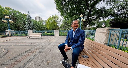 MIKE DEAL / WINNIPEG FREE PRESS
Leader of the Manitoba NDP, Wab Kinew, sits down with reporter Danielle DaSilva for an interview on the south grounds of the Manitoba Legislative building Tuesday morning.
230829 - Tuesday, August 29, 2023.