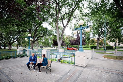 MIKE DEAL / WINNIPEG FREE PRESS
Leader of the Manitoba NDP, Wab Kinew, sits down with reporter Danielle DaSilva for an interview on the south grounds of the Manitoba Legislative building Tuesday morning.
230829 - Tuesday, August 29, 2023.