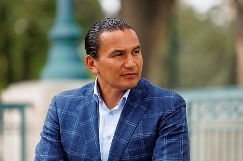 MIKE DEAL / WINNIPEG FREE PRESS
Leader of the Manitoba NDP, Wab Kinew, sits down with reporter Danielle DaSilva for an interview on the south grounds of the Manitoba Legislative building Tuesday morning.
230829 - Tuesday, August 29, 2023.