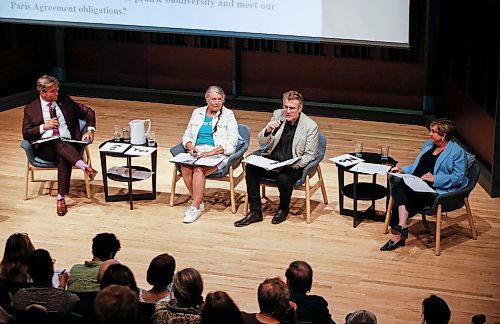 JOHN WOODS / WINNIPEG FREE PRESS
Kevin Klein (PC), from left, Janine Gibson (Green), Dougald Lamont (Liberal), and Lisa Naylor (NDP) attended the Environment and Climate Change Forum at the University of Winnipeg Tuesday, August 29, 2023. 

Re: