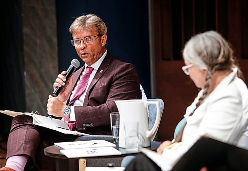 JOHN WOODS / WINNIPEG FREE PRESS
Kevin Klein (PC), from left, Janine Gibson (Green), Dougald Lamont (Liberal)(not seen), and Lisa Naylor (NDP)(not seen) attended the Environment and Climate Change Forum at the University of Winnipeg Tuesday, August 29, 2023. 

Re: