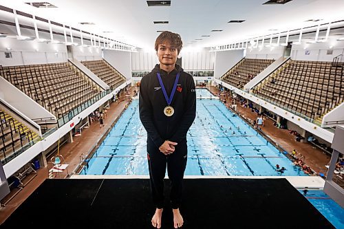 MIKE DEAL / WINNIPEG FREE PRESS
Alex Tiaglei on the 10-metre diving platform at Pan Am pool Wednesday morning. Alex recently won gold at the first Pan Am junior high diving championships.
See Josh Frey-Sam story
230830 - Wednesday, August 30, 2023.