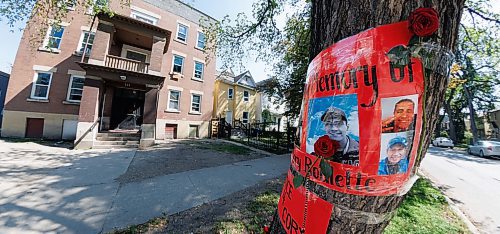 MIKE DEAL / WINNIPEG FREE PRESS
A memorial, for Cory Roger Roullete, 38, is taped to the tree outside the building where he was killed, 583 Furby Street.  
See Tyler Searle story
230830 - Wednesday, August 30, 2023.