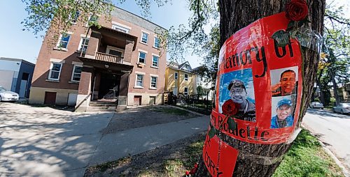 MIKE DEAL / WINNIPEG FREE PRESS
A memorial, for Cory Roger Roullete, 38, is taped to the tree outside the building where he was killed, 583 Furby Street.  
See Tyler Searle story
230830 - Wednesday, August 30, 2023.