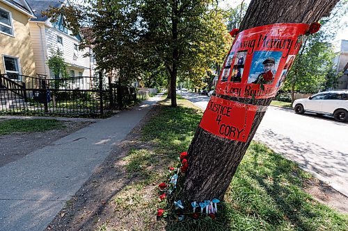 MIKE DEAL / WINNIPEG FREE PRESS
A memorial, for Cory Roger Roullete, 38, is taped to the tree outside the building where he was killed, 583 Furby Street.  
See Tyler Searle story
230830 - Wednesday, August 30, 2023.