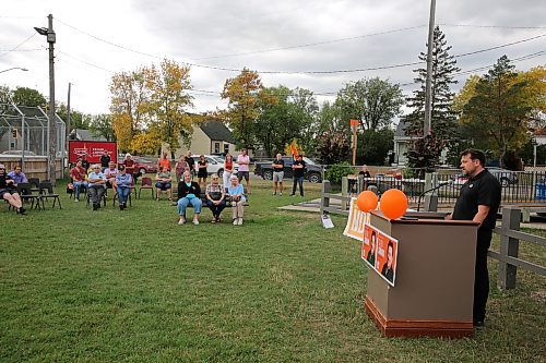 Brandon East NDP candidate Glen Simard (right) delivers a speech during his campaign office launch at the East End Community Centre on Thursday. (Colin Slark/The Brandon Sun)