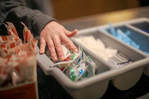 Supplies to be used for safe consumption are put out in the injection room at Insite on East Hastings in Vancouver, Monday, April 17, 2023. (Trevor Hagan / Winnipeg Free Press)