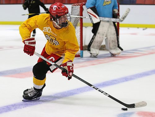 Reed Brown of Tempe, Ari., skates with the puck during a three-on-three game at training camp at Westoba Place on Friday morning. (Perry Bergson/The Brandon Sun)