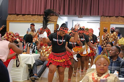 A group of local Igbo dancers perform at the Ukrainian Reading Association Hall Saturday afternoon in Brandon. This performance was just a small part of the Igbo Cultural Day and New Yam Festival, which highlighted the heritage of this African ethnic group that is growing in prominence in Westman. (Kyle Darbyson/The Brandon Sun)